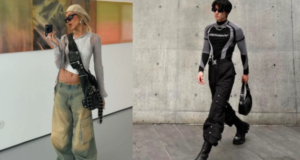 Bản phối đồ phong cách Streetwear đầy cá tính với sự kết hợp của quần baggy jeans bạc màu (bên trái) và quần Cargo nam túi hộp (bên phải) cùng phụ kiện thời thượng như mũ Beanie và túi đeo chéo