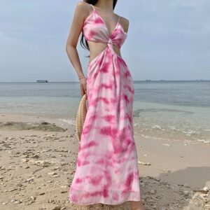 Váy đi biển sexy body dự tiệc, đầm maxi dáng dài xòe hở lưng cổ yếm kiểu Hàn Quốc sang chảnh thời Trang